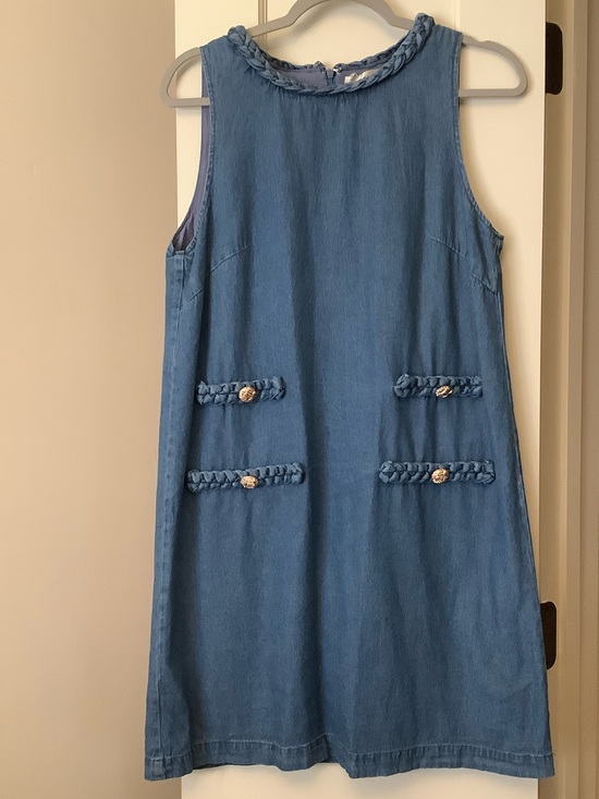Style USA Dresses & Skirts - Sleeveless Chambray Midi Dress in Blue with Braided Trim